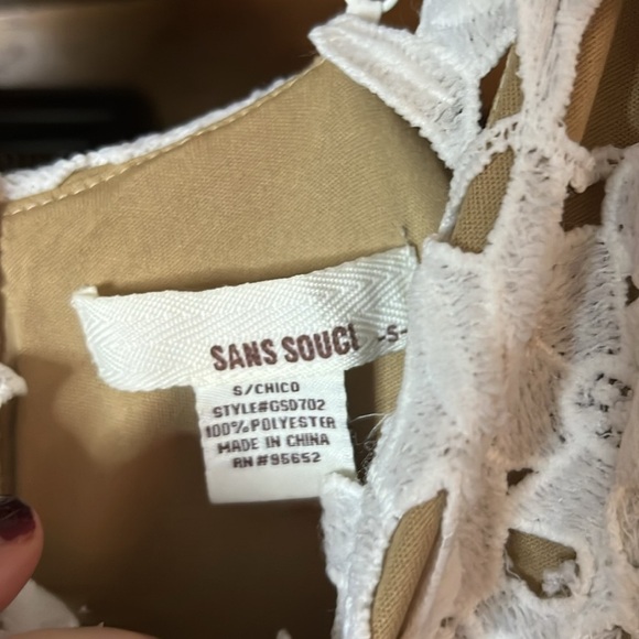 SANS SOUCI White/Tan Eyelet Detail Dress w/Spaghetti Straps, Sz Small, GUC. - Picture 3 of 11